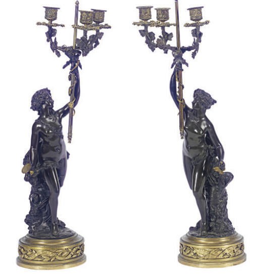 A PAIR OF FRENCH PATINATED AND GILT-BRONZE FIGURAL CANDELABRA,
