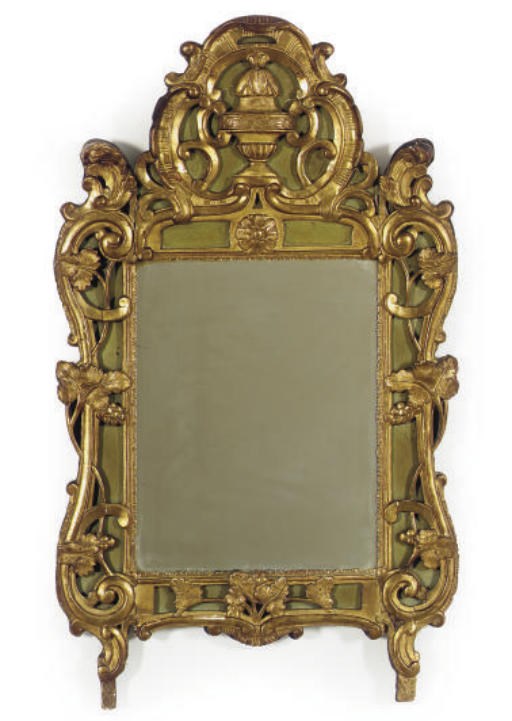 A FRENCH GILTWOOD AND GREEN-PAINTED MIRROR,