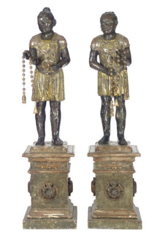 A PAIR OF VENETIAN POLYCHROME-PAINTED BLACKAMOOR FIGURES ON STANDS,