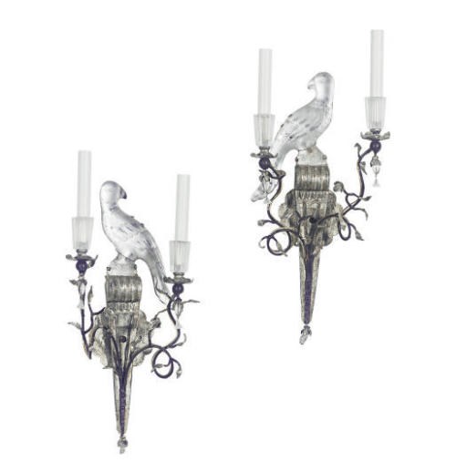 A PAIR OF MOLDED GLASS AND METAL TWO-LIGHT WALL-LIGHTS,