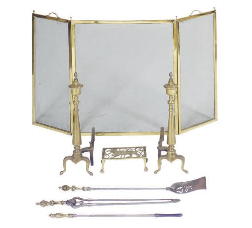 A PAIR OF BRASS ANDIRONS AND A FIRESCREEN,