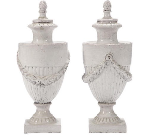 A PAIR OF ITALIAN WHITE-GLAZED TERACOTTA GARDEN URNS WITH COVERS,