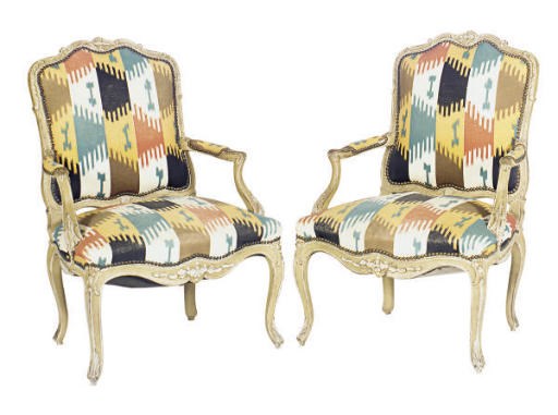 A PAIR OF PAINT-DECORATED FAUTEUILS,