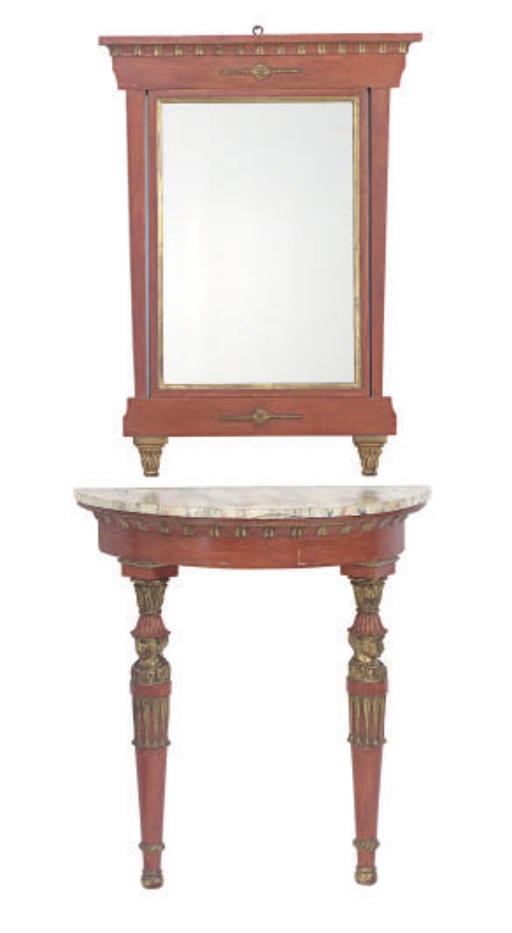 A PAIR OF ITALIAN PAINT-DECORATED AND PARCEL-GILT CONSOLE TABLES AND MIRRORS,