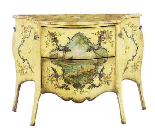 A POLYCHROME-PAINTED AND FAUX-MARBLE SERPENTINE BOMBE COMMODE,