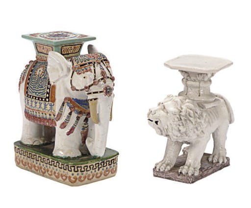 A PAIR OF WHITE-GLAZED TERRACOTTA LION FORM GARDEN SEATS,
