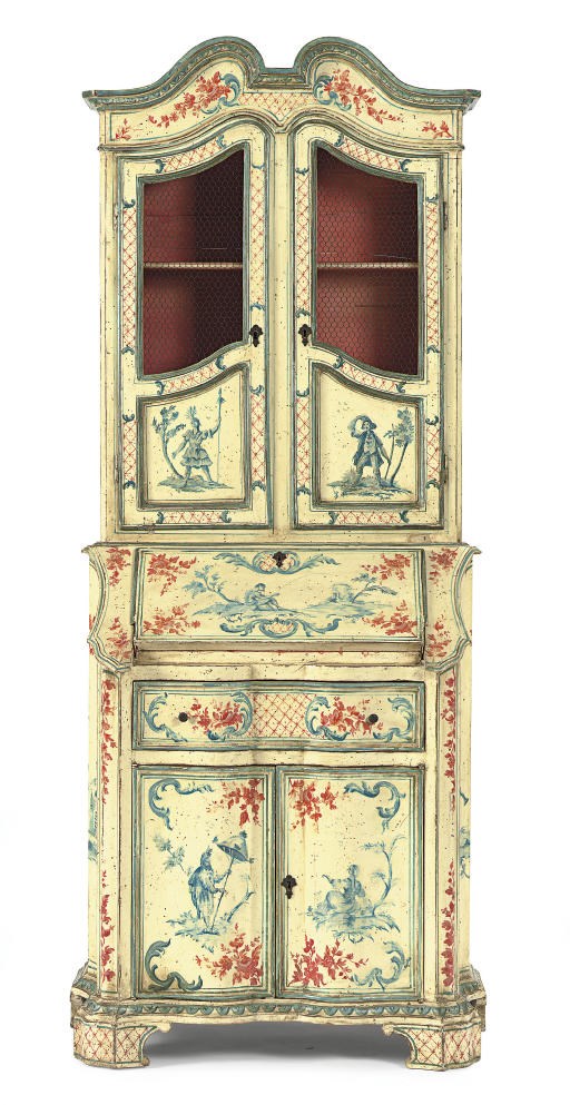 A POLYCHROME-PAINTED SECRETAIRE-BOOKCASE,