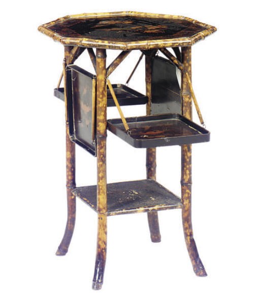 A VICTORIAN BAMBOO AND LACQUER TEA TABLE,