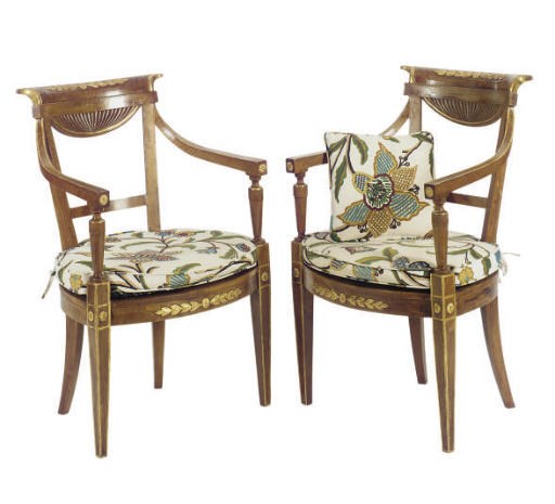 A PAIR OF FRUITWOOD AND PARCEL-GILT ARMCHAIRS,