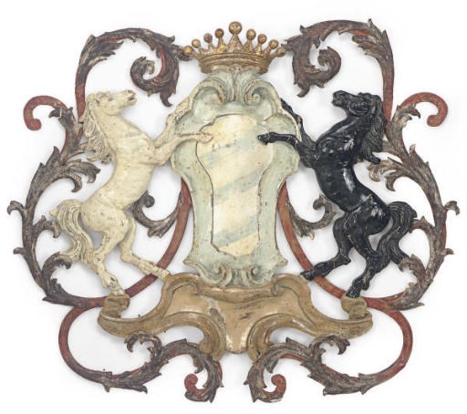 A VICTORIAN PAINT-DECORATED AND PARCEL-GILT COAT-OF-ARMS