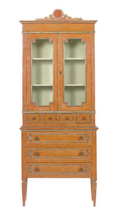 AN ITALIAN CORAL-PAINTED BOOKCASE-ON-CHEST,