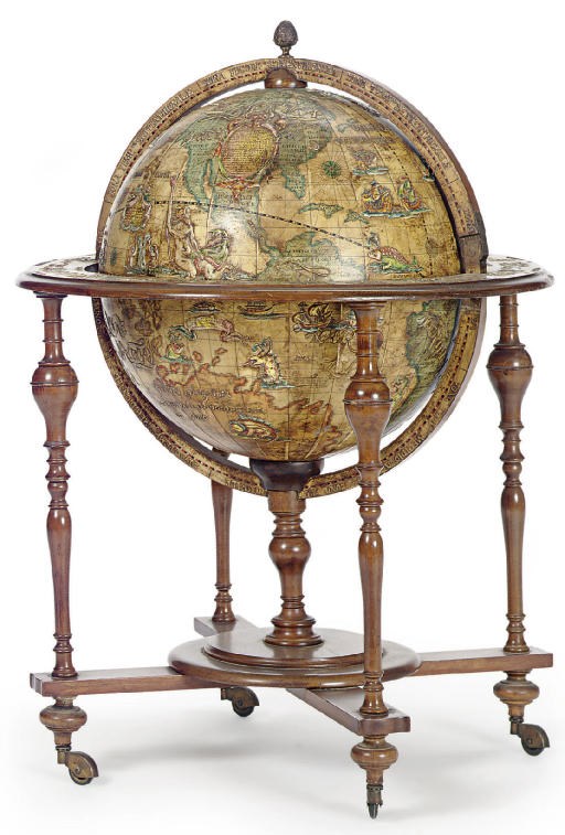 A TERRESTRIAL GLOBE AND DECANTER-BOX ON STAND,