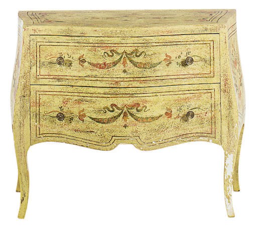 A POLYCHROME-PAINTED SERPENTINE BOMBE COMMODE,