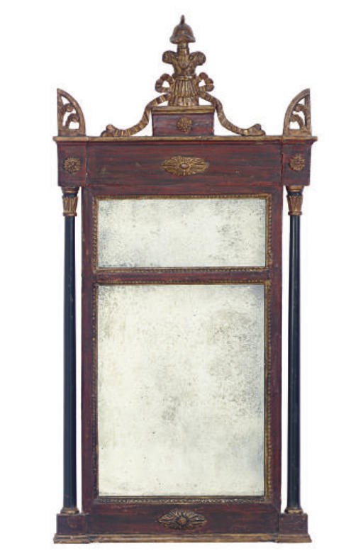 A SCARLET-PAINTED, PART-EBONIZED AND PARCEL-GILT WALL MIRROR,