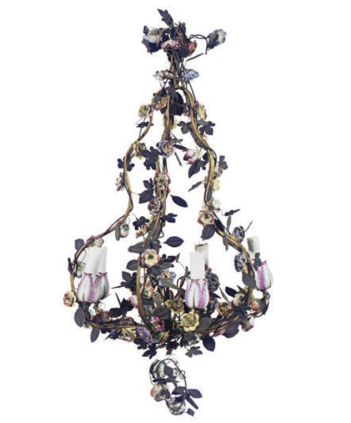 A PORCELAIN MOUNTED GILT-METAL FIVE-LIGHT CHANDELIER,
