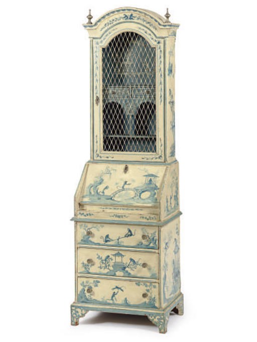 A DIMINUTIVE PAINT-DECORATED SECRETAIRE-BOOKCASE,
