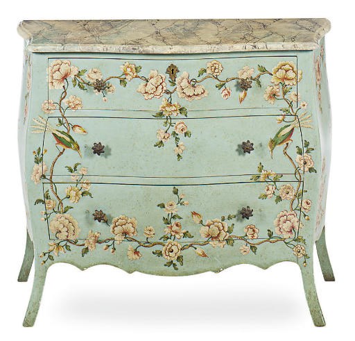 A PAINT-DECORATED FAUX MARBLE SERPENTINE BOMBE COMMODE,