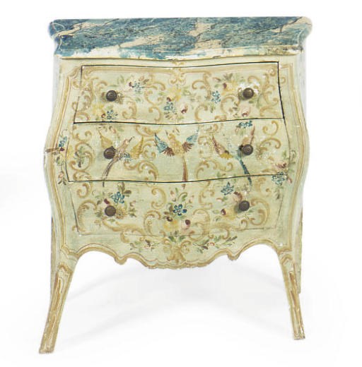 A DIMINUTIVE POLYCHROME-PAINTED SERPENTINE BOMBE COMMODE,