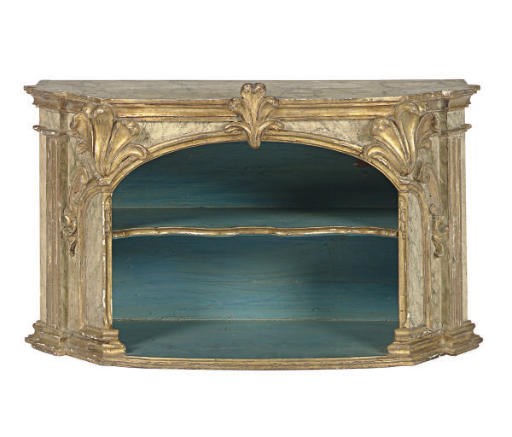 AN ITALIAN PAINT-DECORATED AND PARCEL-GILT WALL SHELF,