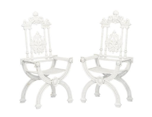 A PAIR OF VICTORIAN WHITE-PAINTED WROUGHT-IRON ARMCHAIRS,