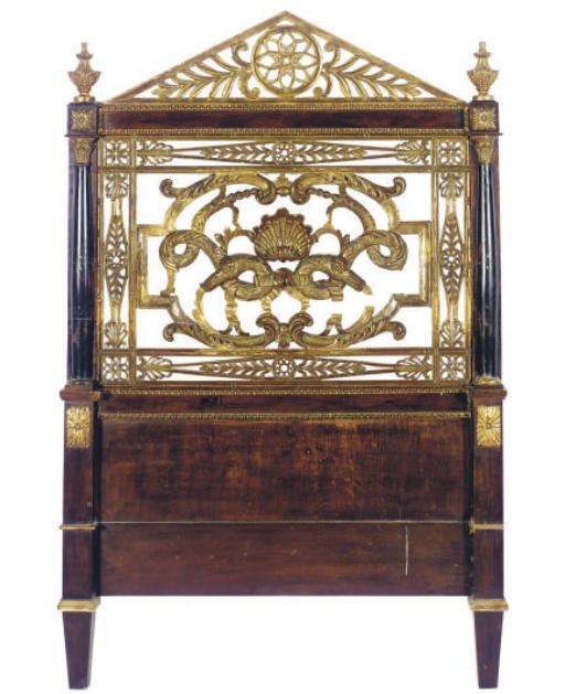 A PAIR OF CONTINENTAL MAHOGANY, PARCEL-GILT AND PART-EBONIZED HEADBOARDS,