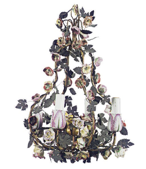 A GILT-METAL AND PORCELAIN FOUR-LIGHT CHANDELIER,