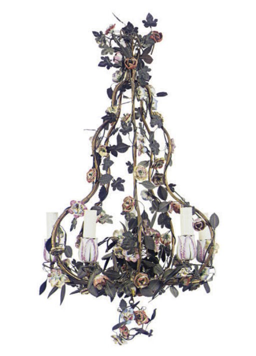 AN ENAMELED METAL AND PORCELAIN MOUNTED CHANDELIER,