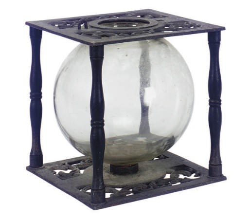 A VICTORIAN CAST IRON AND GLASS BALLOT BOX,