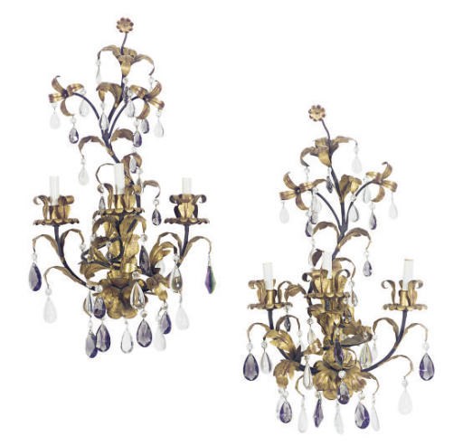 A PAIR OF PATINATED, GILT-METAL AND CUT-GLASS THREE-BRANCH WALL-LIGHTS,