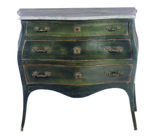 AN ITALIAN ROCOCO GREEN-PAINTED AND PARCEL-GILT SERPENTINE BOMBE COMMODE,