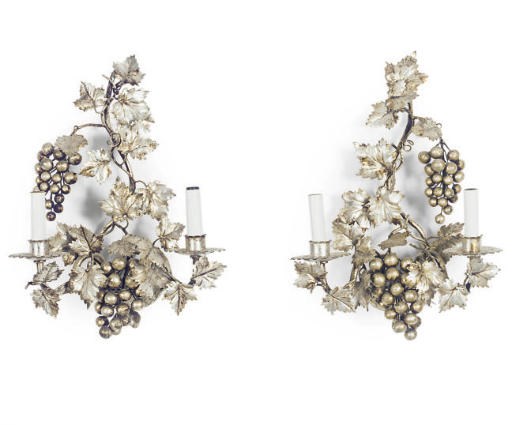 A PAIR OF SILVERED-METAL TWO-BRANCH WALL-LIGHTS,
