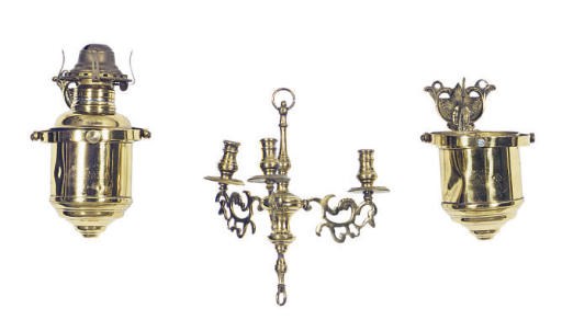 A PAIR OF BRASS SHIP LANTERNS AND A THREE-LIGHT WALL SCONCE,