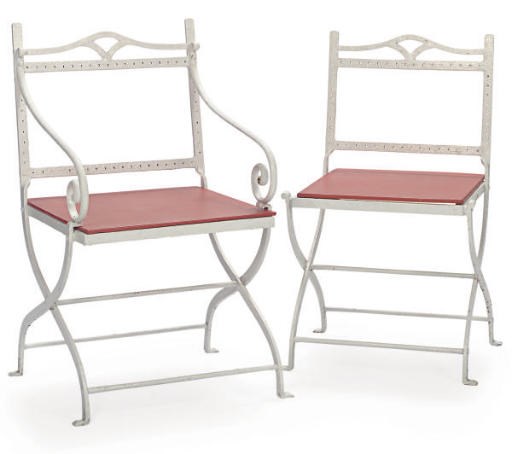 A SET OF FOUR VICTORIAN WHITE-PAINTED IRON CHAIRS,