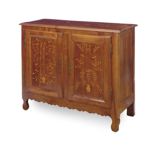 A PAIR OF FRENCH PROVINCIAL FRUITWOOD AND MARQUETRY CABINETS,