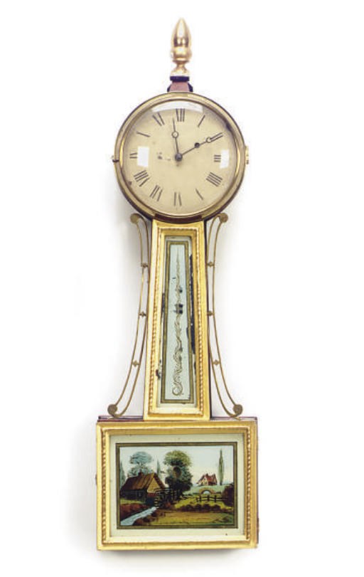 AN AMERICAN PARCEL-GILT MAHOGANY AND REVERSE-PAINTED GLASS BANJO CLOCK,