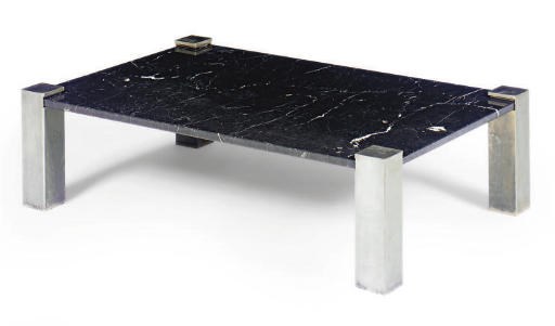 A STEEL AND MARBLE LOW TABLE,
