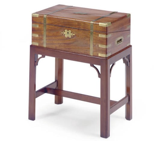A VICTORIAN BRASS-BOUND MAHOGANY LAP DESK ON LATER STAND,