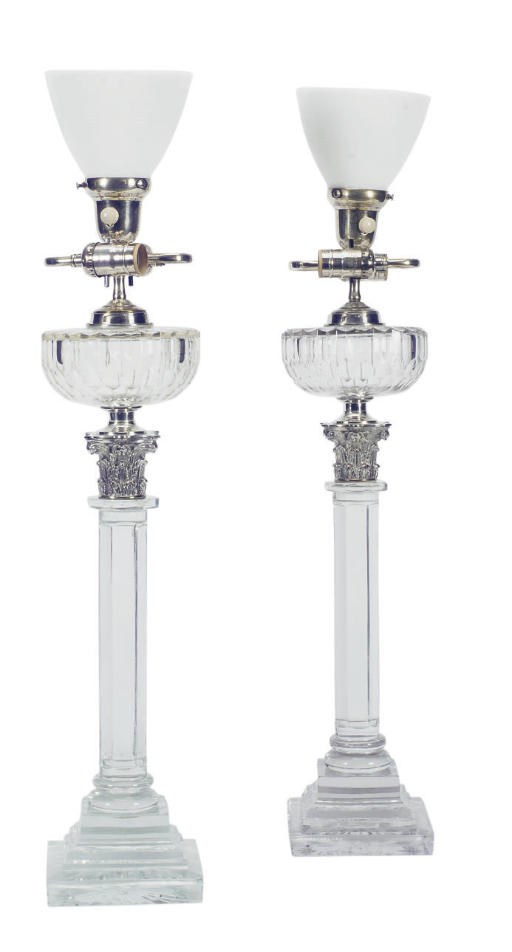 A PAIR OF SILVERED-METAL MOUNTED CUT GLASS TABLE LAMPS,