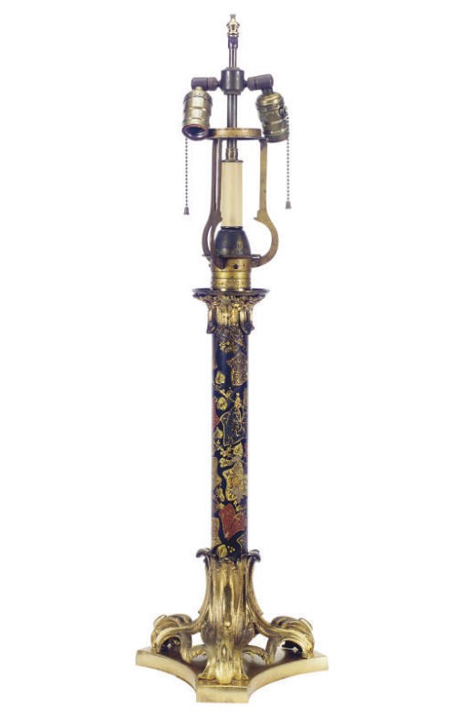 A VICTORIAN GILT-BRONZE AND PAPIER MACHE TABLE LAMP,