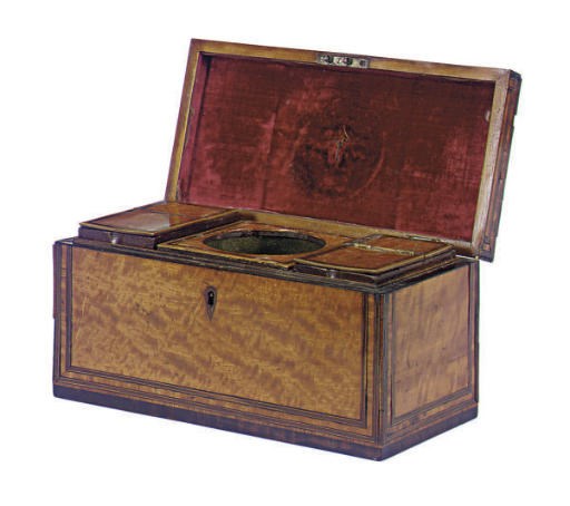 A GEORGE III SATINWOOD AND ROSEWOOD TEA CADDY**,