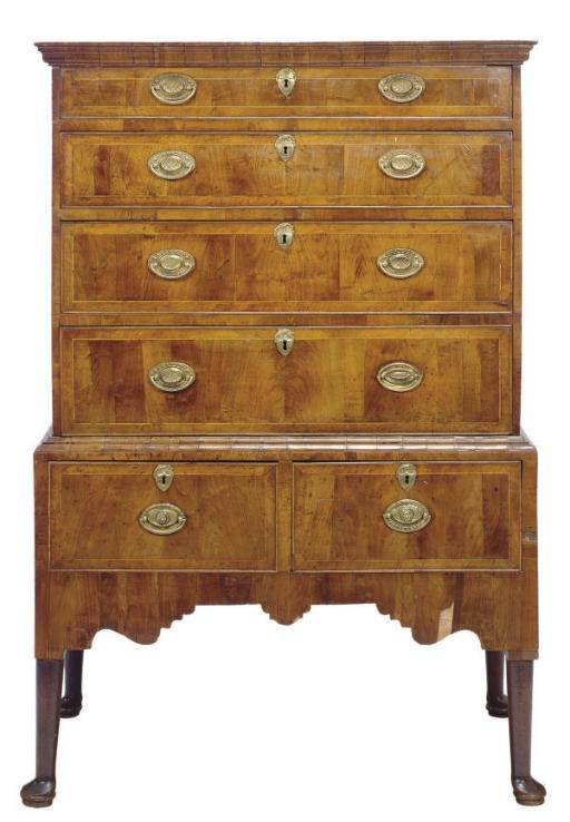 A GEORGE I LINE-INLAID WALNUT AND OAK CHEST-ON-STAND,