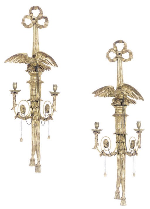 A PAIR OF ENGLISH GILTWOOD TWO-BRANCH WALL-LIGHTS,