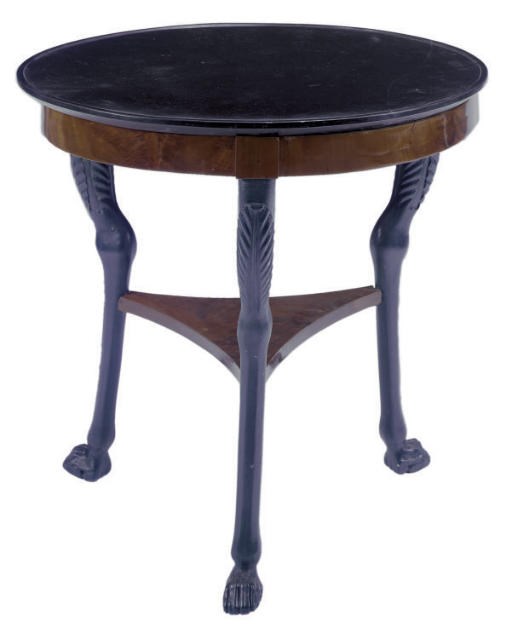 A CONTINENTAL MAHOGANY AND PAINTED MARBLE TOP CENTER TABLE,
