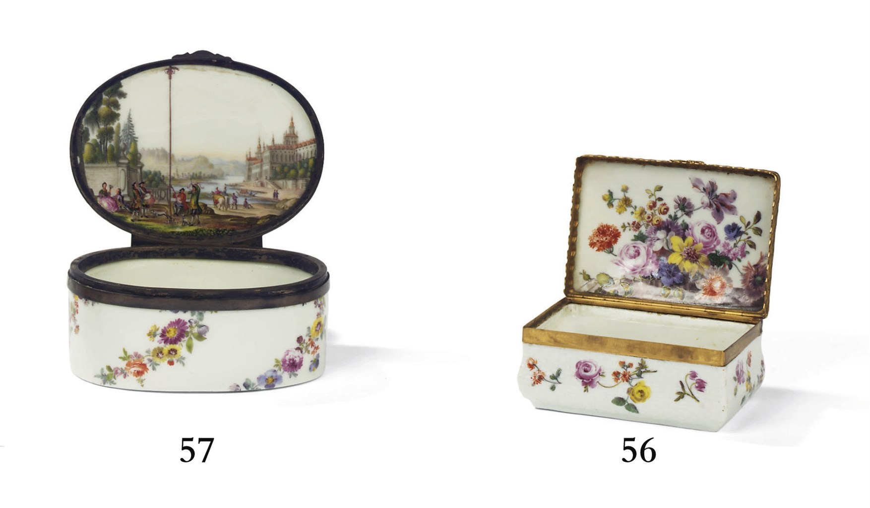 BOITE A PRISER ET SON COUVERCLE EN PORCELAINE DE MEISSEN DU XVIIIEME SIECLE, A MONTURE EN METAL