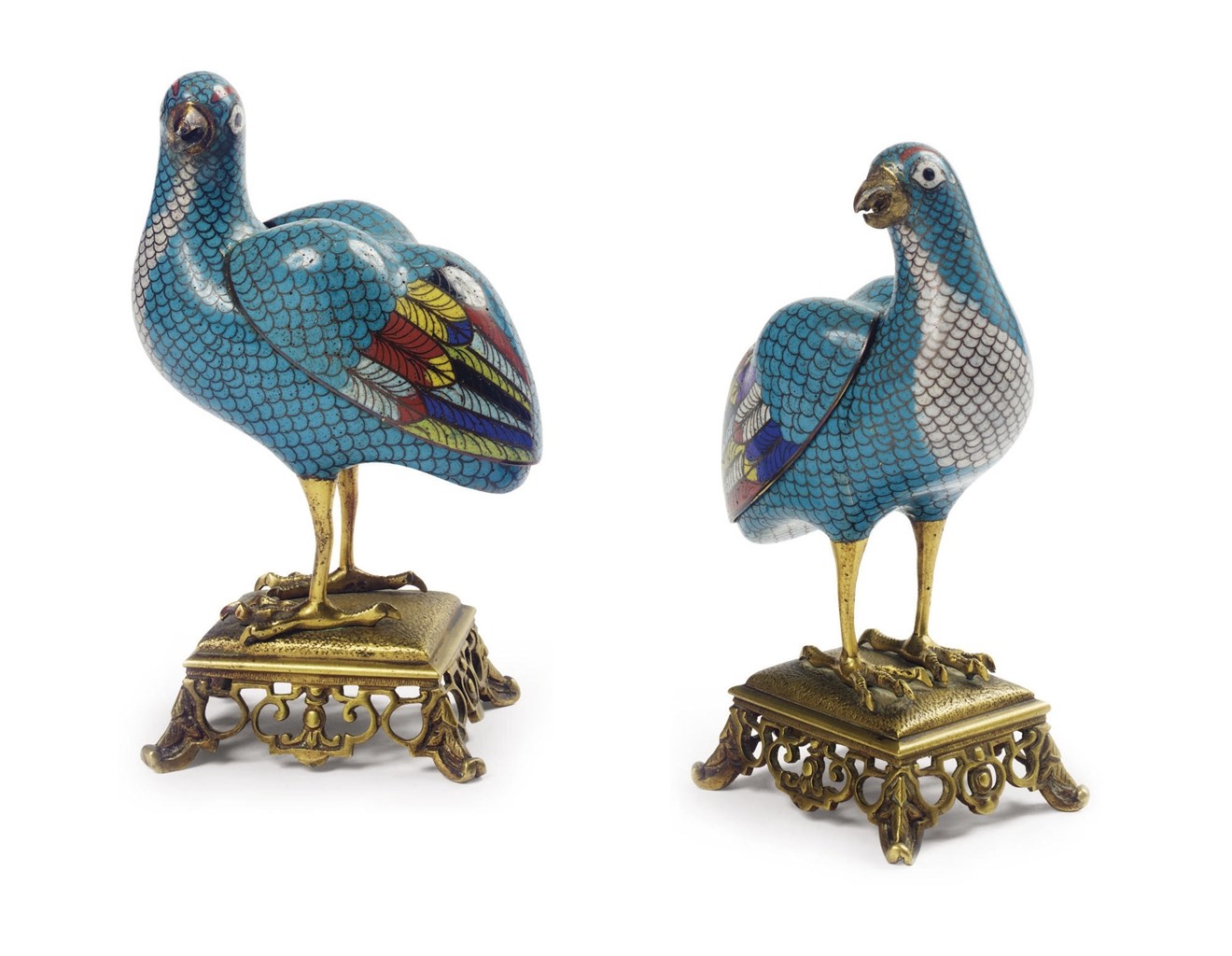 PAIRE DE PERDRIX EN BRONZE DORE ET EMAUX CLOISONNES