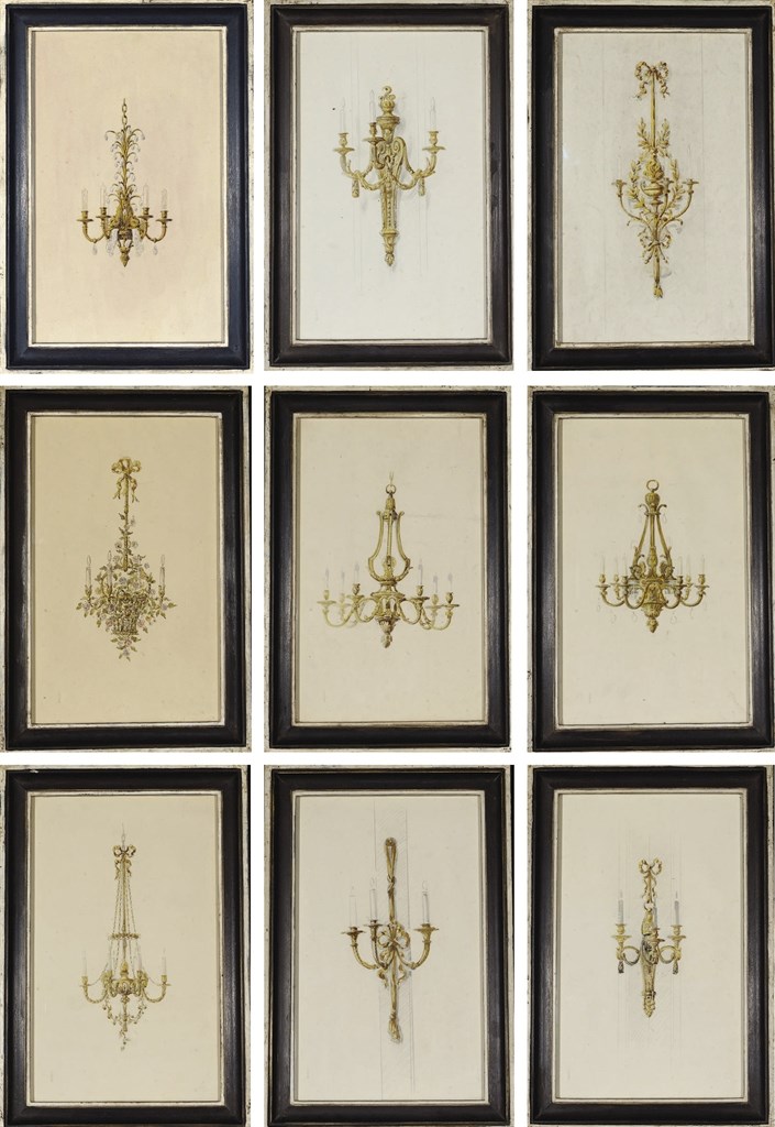 SUITE DE DOUZE PROJETS DE LUSTRE ET APPLIQUE DE LA FIN DU XIXEME SIECLE