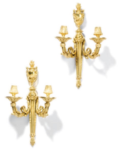A PAIR OF GILT-BRONZE TWIN-LIGHT WALL APPLIQUES