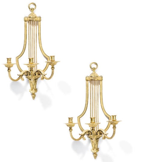 A PAIR OF GILT-BRONZE THREE-LIGHT WALL APPLIQUES