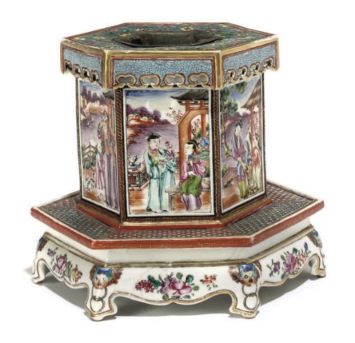 A Chinese famille rose hexagonal lantern base and stand