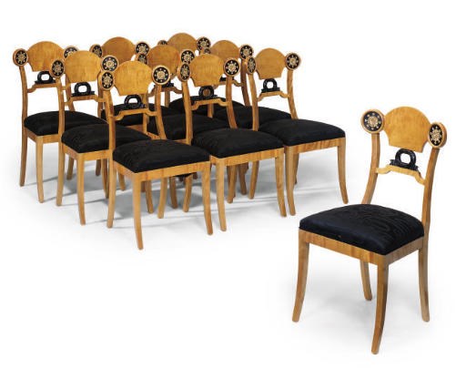 A SET OF TEN GILT METAL MOUNTED, SATIN BIRCH AND EBONISED DINING CHAIRS